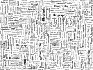 Multilingual "Biography" Word Cloud Illustration for Literary and Educational Themes