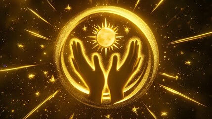 Golden hands, Sun, Stars, Golden Hands Holding the Sun and Stars