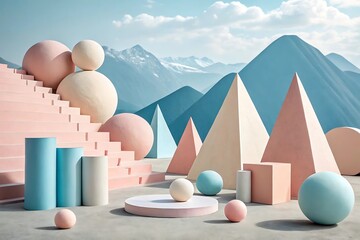 Abstract Geometric Landscape with Pastel Shapes and Mountain Backdrop Minimalist Art Installation with Spheres Pyramids Cubes and Cylinders