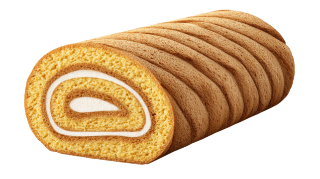 Swiss roll cake isolated on transparent background with soft texture and creamy filling