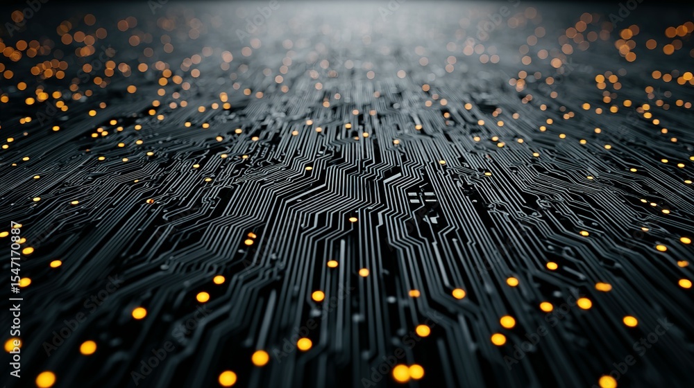 Poster detailed circuit board pattern with glowing components.