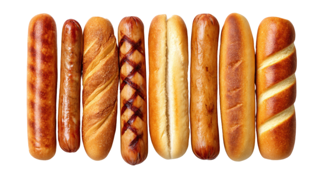Hot dog sausage and bun isolated on transparent background with variety of bread types