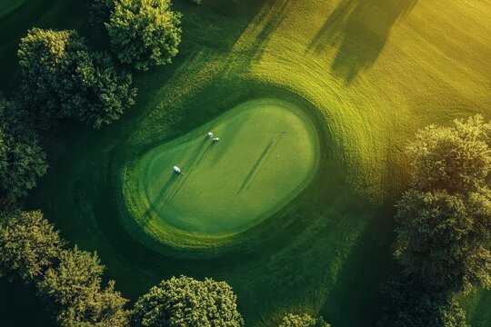 Aerial view of golfers on a putting green, showcasing their precision and technique as they approach the hole, Generative AI