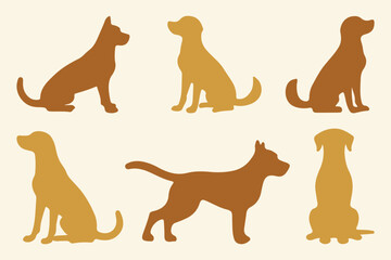Dog silhouettes. A collection of dog silhouettes in various poses and breeds. Brown puppy or pet animal shadow symbol silhouettes set. 