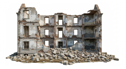 Isolated ruined building facade with rubble