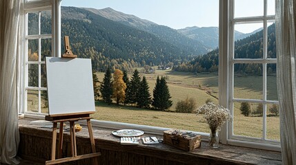 Empty canvas easel with a scenic view.