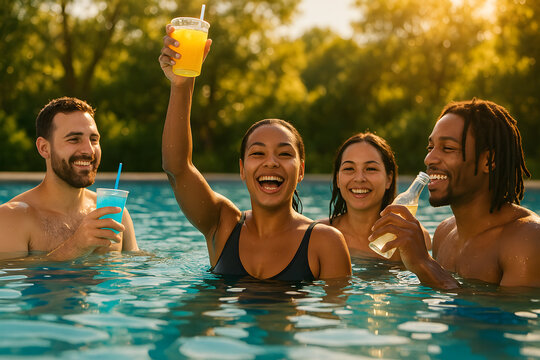 Four young adults, two men and two women, joyfully celebrate in a sun-drenched pool with drinks, exuding happiness and relaxation - Powered by Adobe