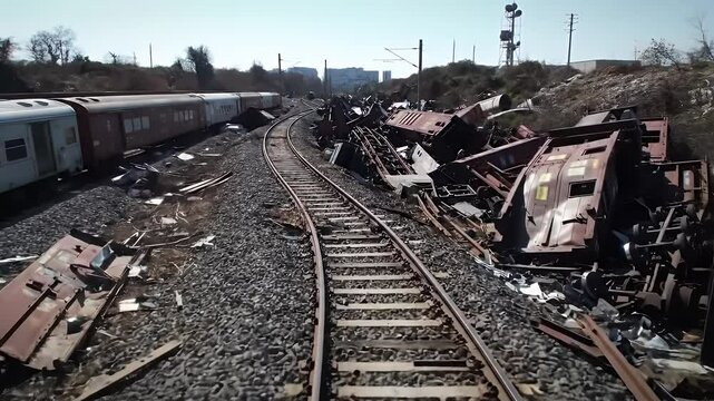Railroad disaster train wreckage broken cars and tracks damaged railway outdoor accident aftermath