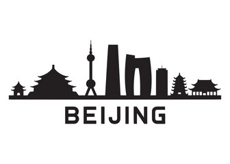 Monochrome Panorama of Beijing City Skyline Silhouette with Traditional and Modern Buildings along with the City Name Typography