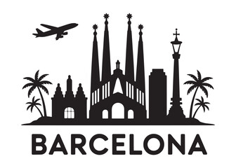 Iconic Barcelona Silhouette Displaying the Sagrada Familia with Palms and Airplane Flying Overhead a Captivating Black and White Souvenir