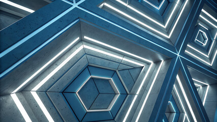 Futuristic hexagonal tunnel with glowing white and blue neon lights