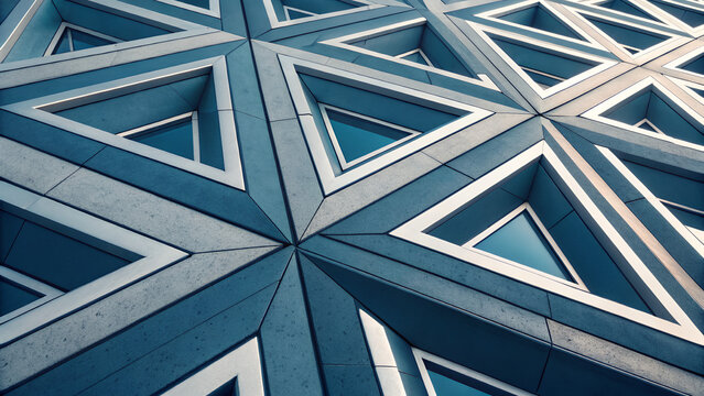 Abstract geometric facade of a modern building with triangular patterns and blue tones