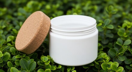 Empty White Jar with Cork Lid on Green Foliage