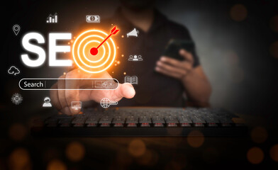 Man touch AI, SEO icon on websites to rank search engines. Search with Ai assistant, search on...