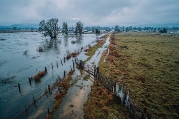 Flooded rural area with a submerged fence, leafless trees, and a muddy path dividing the water from the grassy field under a cloudy sky.