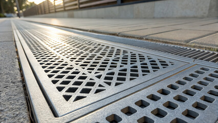 Obraz premium Street gutter grate with sunlight reflections