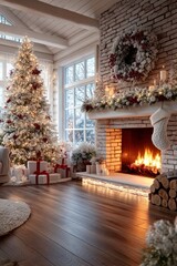 Cozy Christmas living room with fireplace