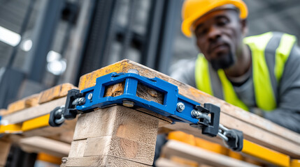 Workers securing containers with heavy-duty locking systems