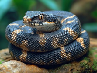 Obraz premium A coiled snake with a pattern of dark blue and golden - brown scales. Its intense eyes and detailed texture are striking. Ideal for nature - themed projects or educational materials about reptiles. 