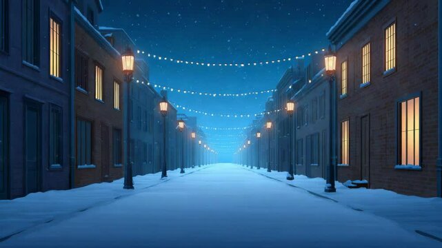 Snowy street night with glowing lamps light building under starry sky and festive string lights