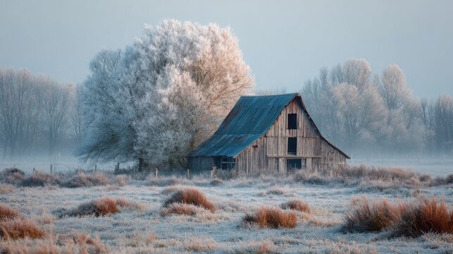 Frost-covered old wooden barn amidst frosty trees in a serene, misty winter landscape.