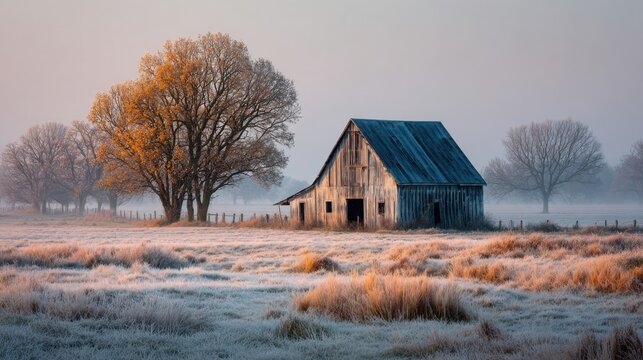 A rustic wooden barn stands in a frosty field at dawn, surrounded by leafless trees with soft orange morning light and a misty atmosphere. - Powered by Adobe