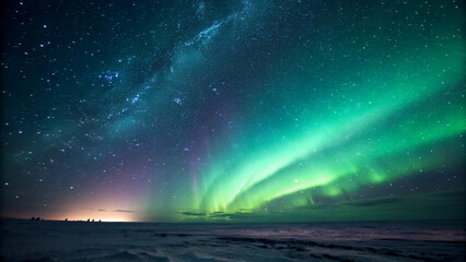 Vibrant Northern Lights aurora borealis over a winter landscape with starry sky