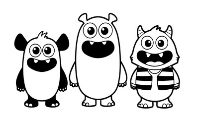 Three Happy Cartoon Monsters Outline