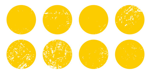 Sun brush stamp set of yellow round vector shapes. Grunge paint stroke, rough badge design, summer watercolor texture. Logo or emblem stamps, ink spots, smears isolated on transparent bg