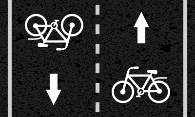 two way bicycle road markings, city street symbols, white bike path painted asphalt, safe moving lane, arrows direction sign