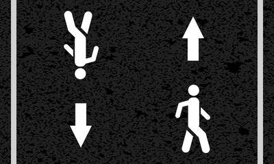 two way pedestrian road markings, city street symbols, white walking man path painted asphalt, safe moving lane, arrows direction sign