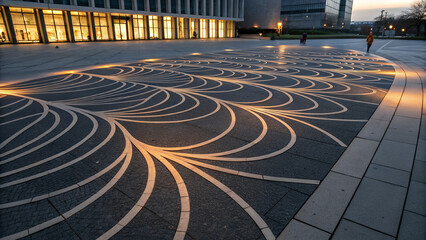Modern urban plaza paving with illuminated abstract pattern at dusk