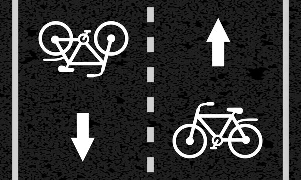 Fototapeta two way bicycle road markings, city street symbols, white bike path painted asphalt, safe moving lane, arrows direction sign