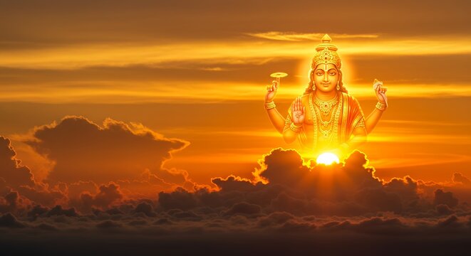 Surya (Sun God) Depiction Emerging from Clouds at Dawn with Radiant Light