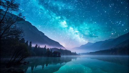 Milky Way galaxy over a serene mountain lake at night