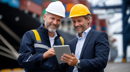 Captain and dock manager reviewing cargo manifests on digital tablets against the background of a cargo ship
