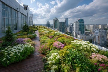 Fototapeta premium A rooftop garden with diverse flowering plants overlooks a modern city skyline under a partly cloudy sky.