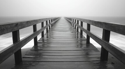 Obraz premium A long wooden pier extends into the sea, surrounded by a misty atmosphere. In black - and - white, the wet planks and railings are clearly visible. Ideal for serene