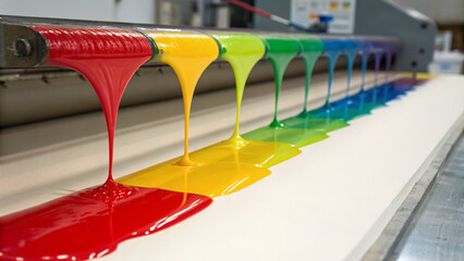 Colorful paint dripping from a machine, forming a rainbow gradient on a white surface