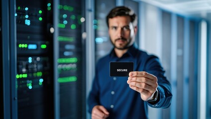 In a Modern Data Center, a Focused Professional Holds Up a Black Card Marked 'SECURE,' Symbolizing Data Protection and Cybersecurity Measures.