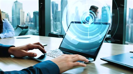 Businessman typing on laptop at desk, businessman focused in digital workspace. Futuristic overlay hovers while businessman works in high-rise office. - Powered by Adobe