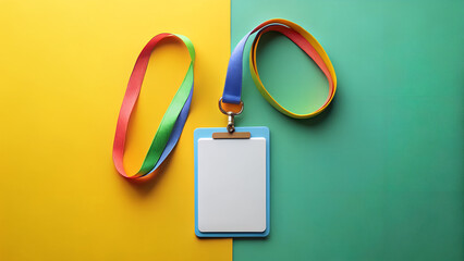 Colorful ID Badge with Lanyard on Yellow and Green Background