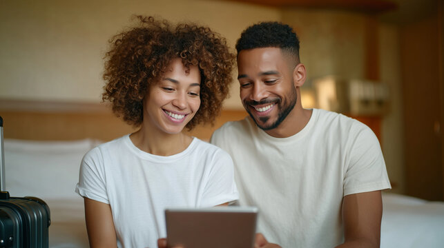 The couple checking their packing list on a tablet together