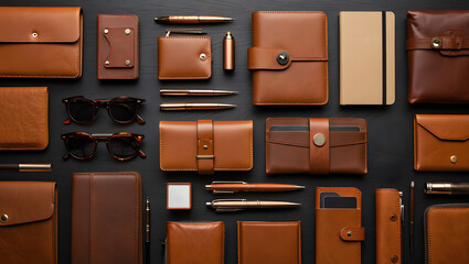 A collection of various brown leather accessories arranged neatly on a dark background