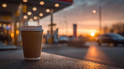 Caffeine kick from first sip and travel coffee stop concept. A warm coffee cup against a sunset background at a gas station.