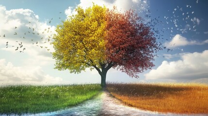 Colorful tree symbolizing the transition of seasons with vibrant leaves and a clear sky in the background