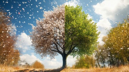 Tree transitions from winter to spring showcasing seasonal changes under a bright sky