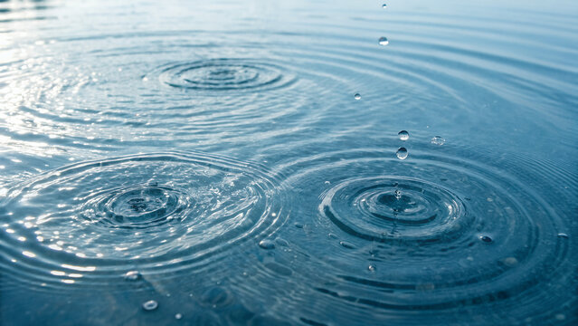 Water ripples and raindrops on a calm blue surface