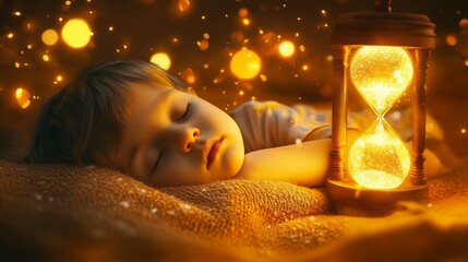 Sleepy child resting peacefully beside a glowing hourglass filled with golden sand in a warm and magical atmosphere