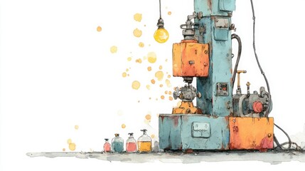 Fototapeta premium A watercolor illustration of an industrial machine with an orange panel, a hanging light bulb, and small colorful jars on a table.